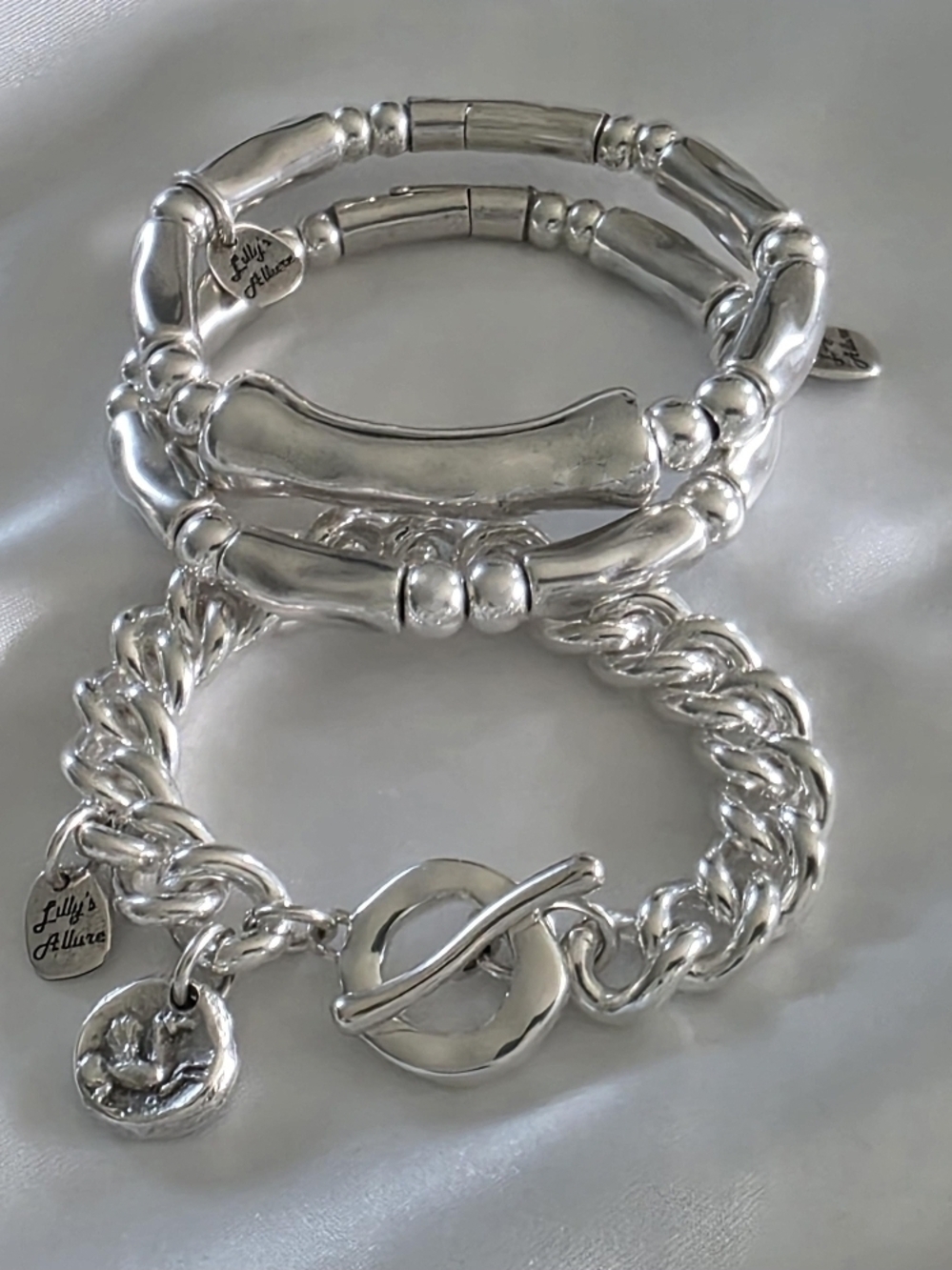 NWOT - Lillysallure Sterling Silver Beaded & Chain Bracelet Set - Picture 4 of 4